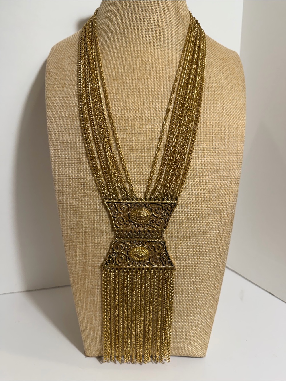 Goldette Victorian Ornate Pendant Fringe Necklace